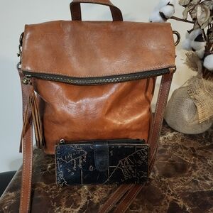 Patricia Nash Brown Leather 3 way Backpack & Wallet Bundle GUC